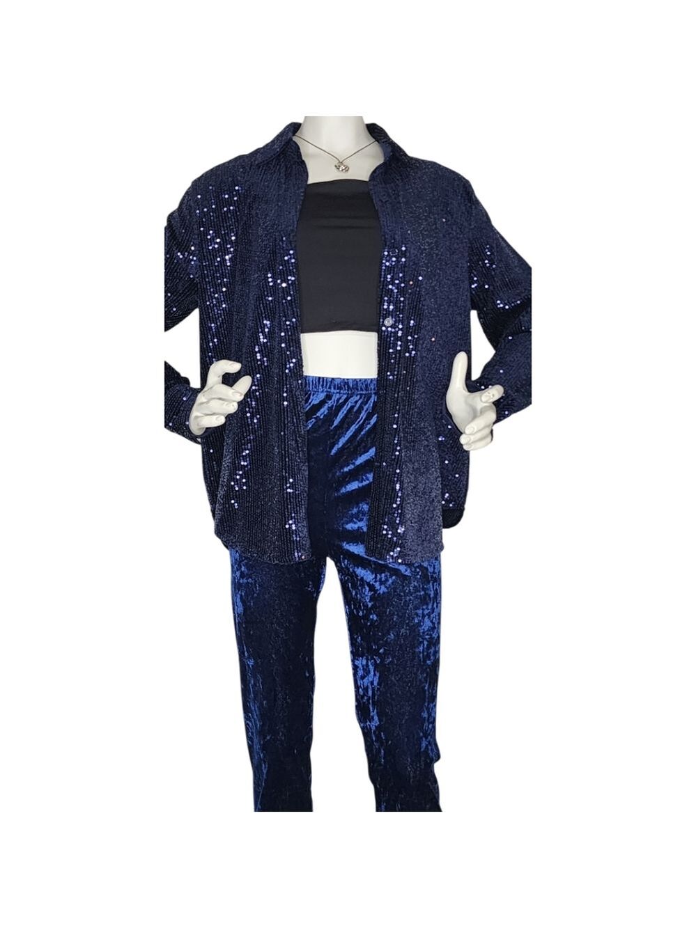 First Love Blue Sequin Velvet Blouse Small NWT ✨ Luxe Night-Out Top